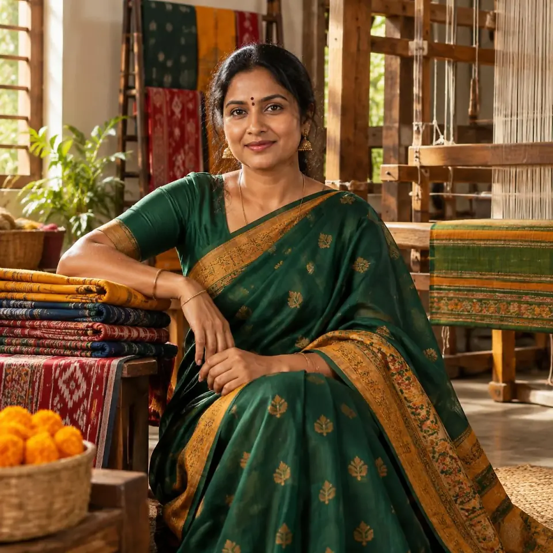 A handloom weaver at her loom in Tamil Nadu